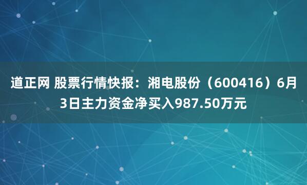 道正网 股票行情快报：湘电股份（600416）6月3日主力资金净买入987.50万元